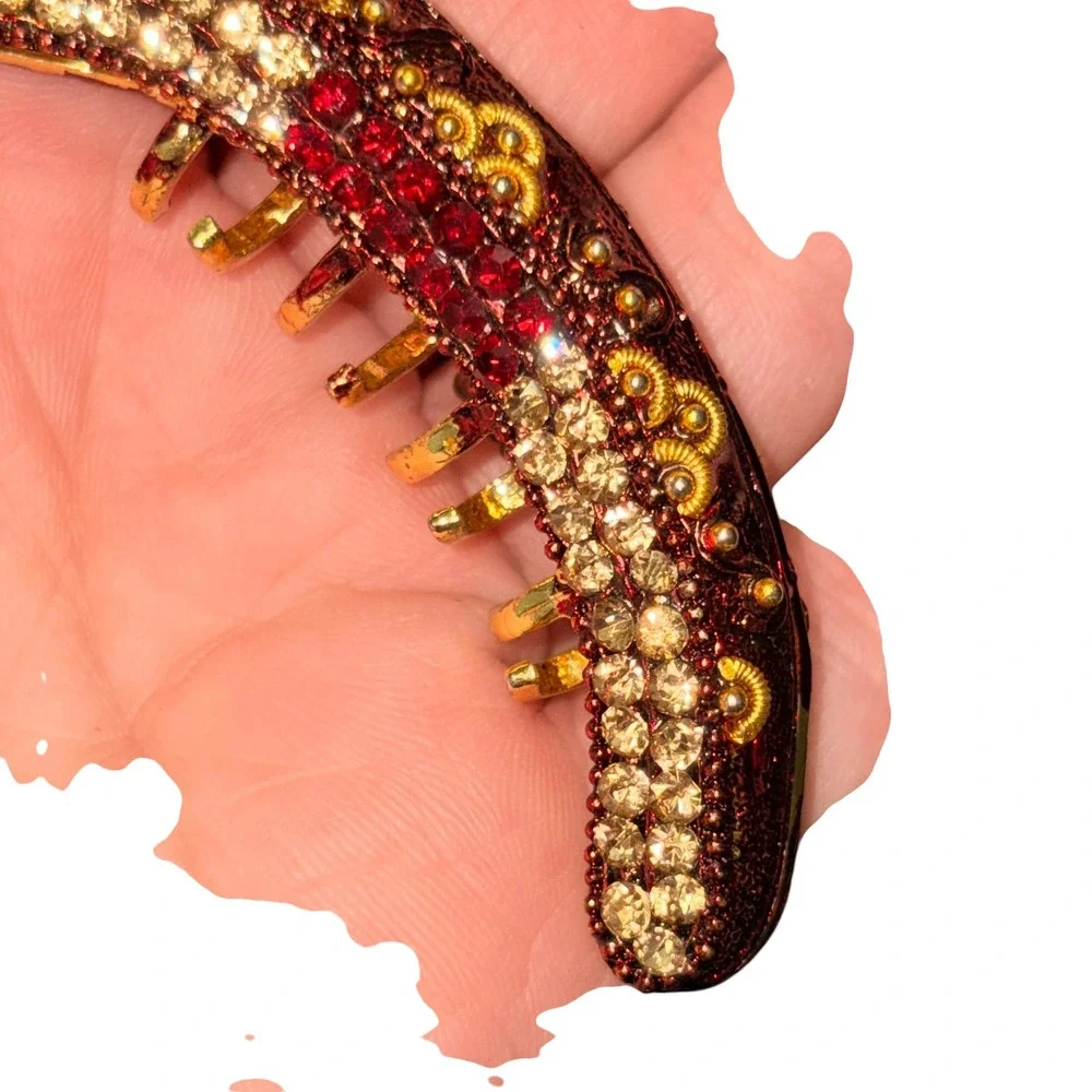Vintage Ornate Rhinestone Banana Hair Clip Gold Burgundy Enamel Filigree Crystal